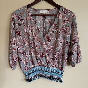 MELLODAY| Nordstrom| Boho Burgundy & Blue Filigree Paisley V-Neck Top Sz S